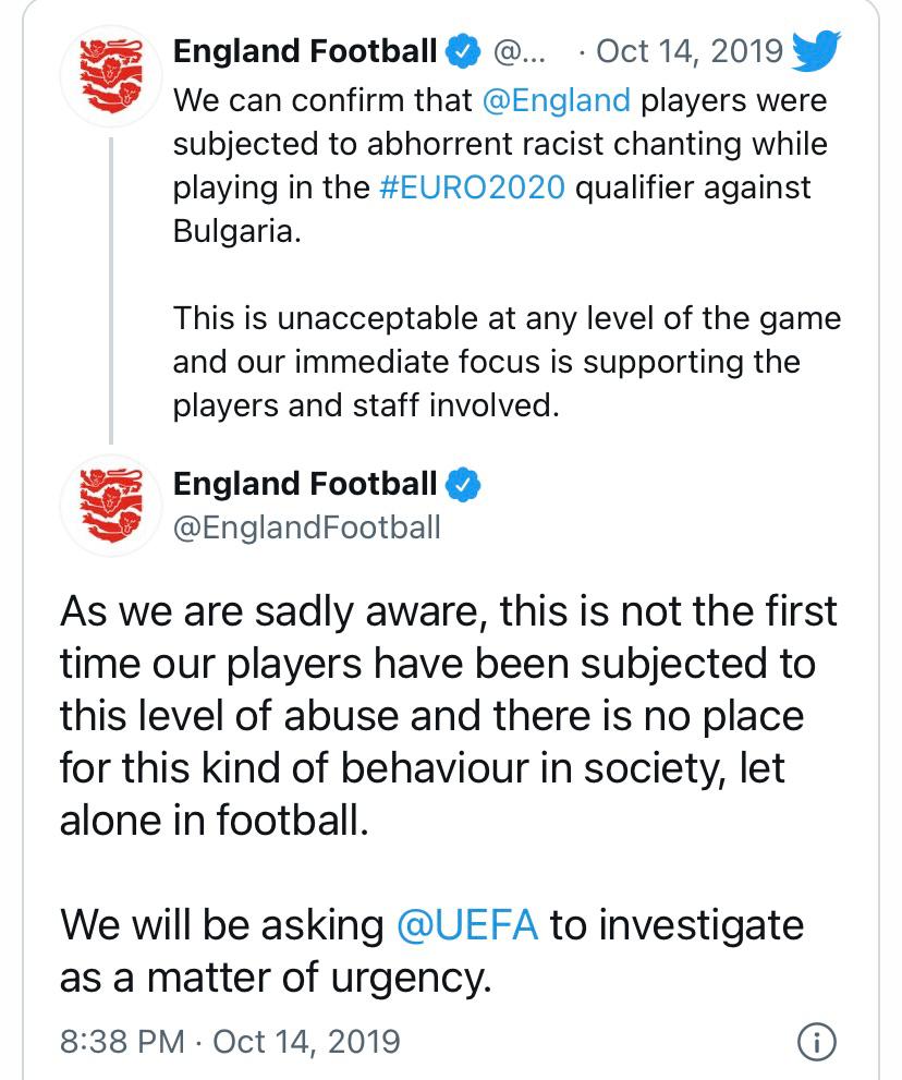 Official Tweet by England Football Regarding Racist Chants During the Euro 2020 Qualifier Match Between England and Bulgaria
